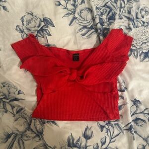 SHEIN Red Ribbed Tie Front Crop Blouse